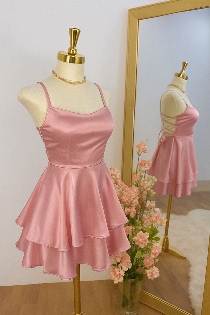 Robes de bal de fin d'année courtes et mini en satin rose avec bretelles fines, coupe trapèze, semi-formelles pour lycéennes, automne, RB4436