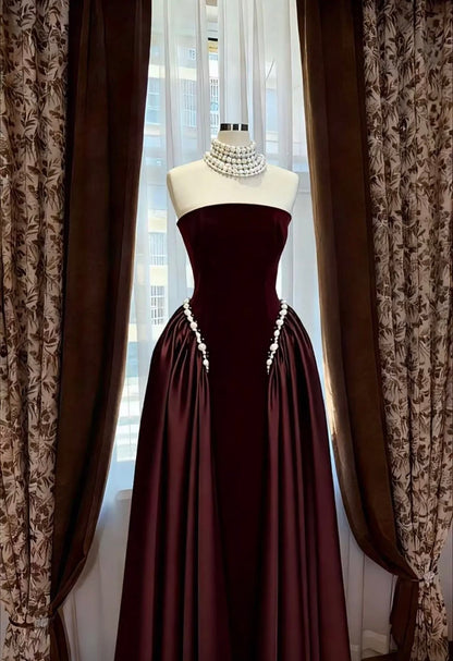 Burgundy Prom Dresses Inspiration Ball Gown Strapless Velvet Evening Gown Long Gala Formal Dress RC1490
