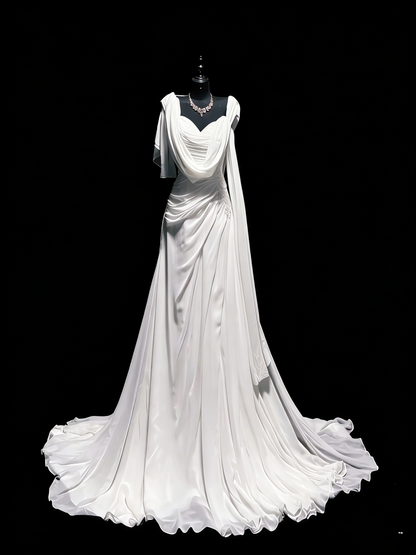 Robe de mariée vintage sirène bustier cœur en mousseline blanche froncée et dentelle, longue robe de mariée cintrée N1207