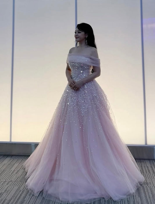 Tulle Prom Dress Long Ball Gown Off Shoulder Light Pink Formal Graduation Gown RB9495