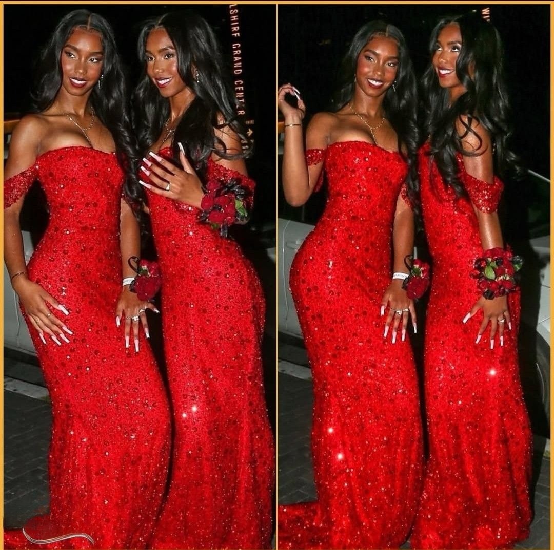 Chic Mermaid Off The Shoulder Red Beaded Sequin Prom Dresses Long Party Dress Prom Gowns DH2934