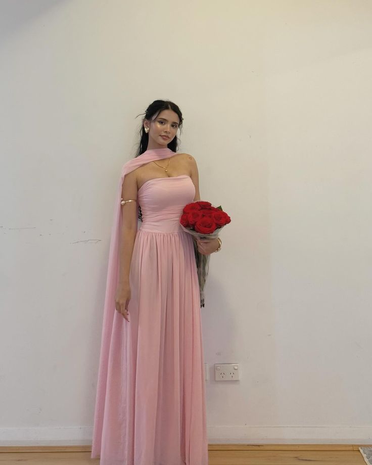 Simple A line Strapless Pink Chiffon With Scarf Ruched Long Evening Prom Dresses Wedding Guest Dress N270
