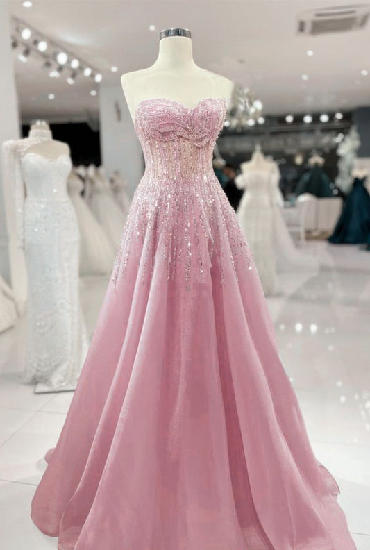 Klassisches Ballkleid mit Herzausschnitt, ärmellos, rosa Tüll, mit Perlenrüschen, langes Abiballkleid, Abendkleid für Abschlussball, N026