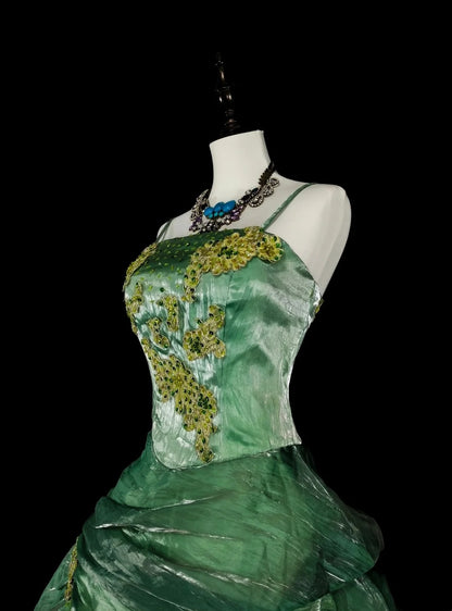 Vintage Prom Dresses Aesthetic Ball Gown Straps Green Organza Long Formal Dress N2154