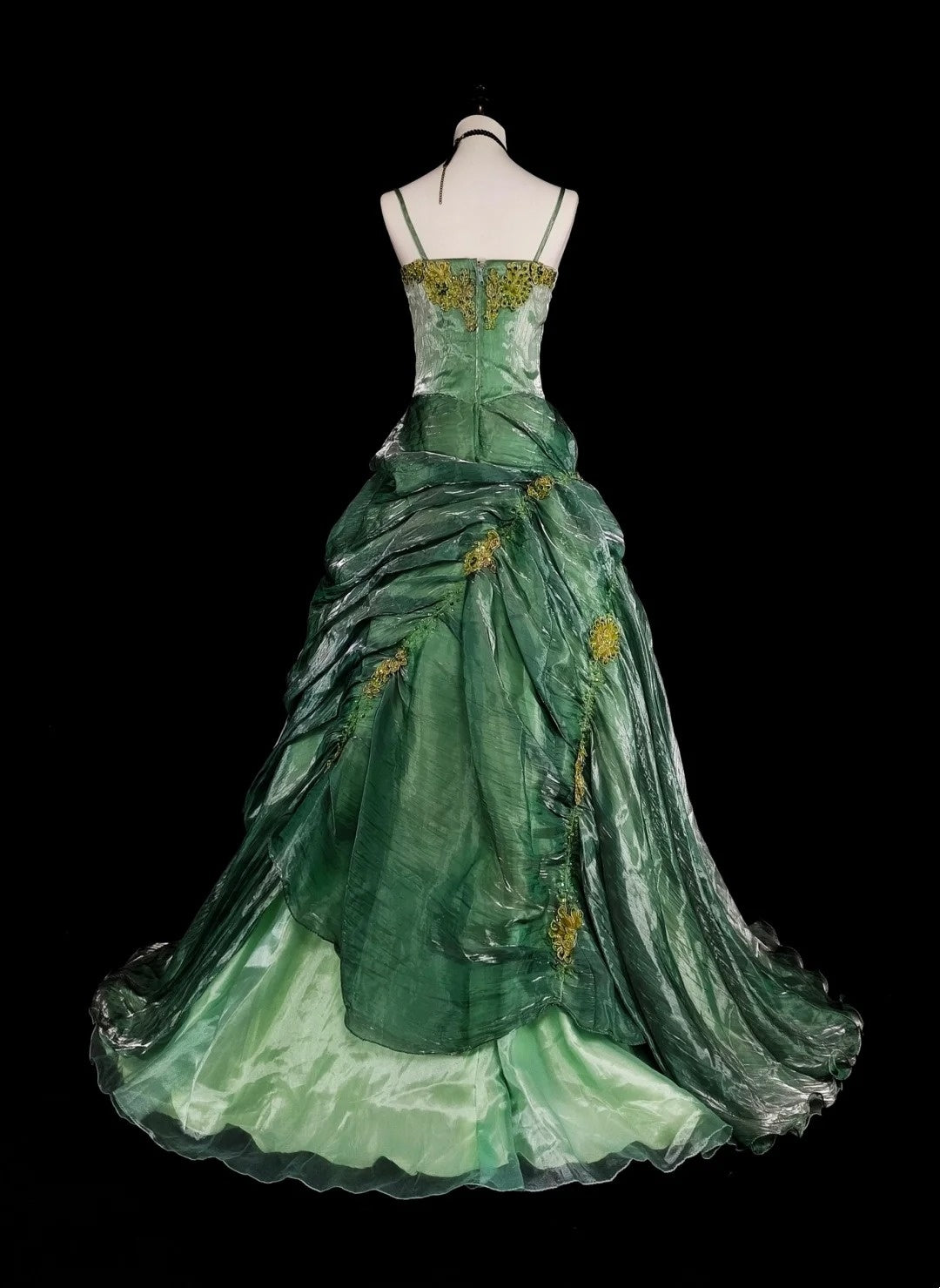 Vintage Prom Dresses Aesthetic Ball Gown Straps Green Organza Long Formal Dress N2154