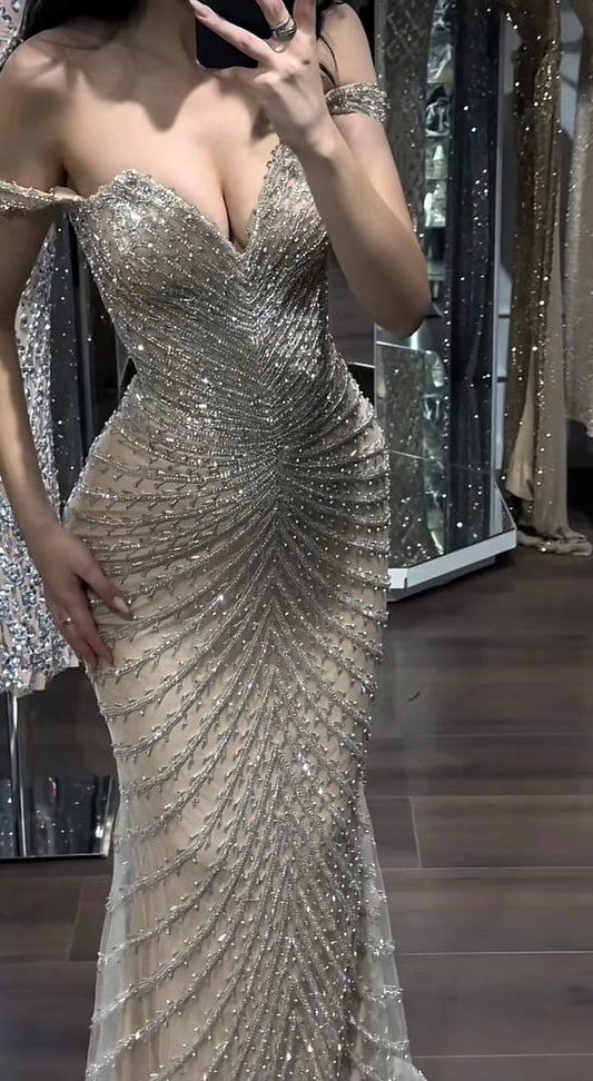Glänzende Abschlussballkleider Meerjungfrau Carmen-Ausschnitt Champagner mit Perlen Abend Lang Formelles Kleid N4765