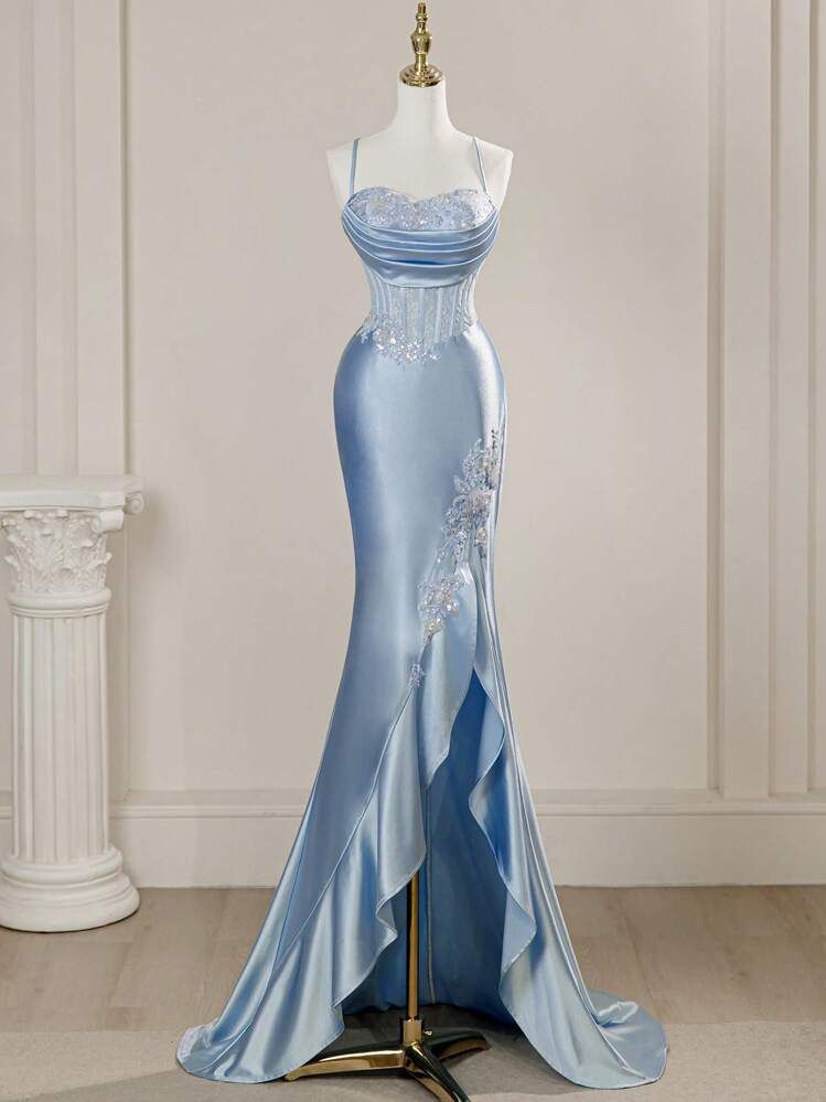 Elegant Mermaid Spaghetti Straps Blue Satin Beaded Pleated Long Prom Dresses Vestidos De Dia AB591