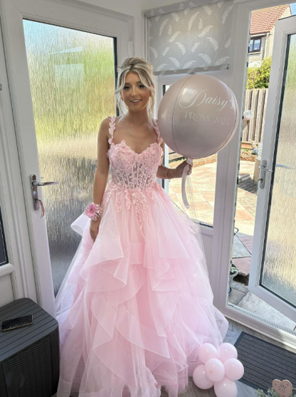 Ball Gown Sweetheart Sleeveless Lace Tulle Pink Long Formal Dresses Prom Dress AB944