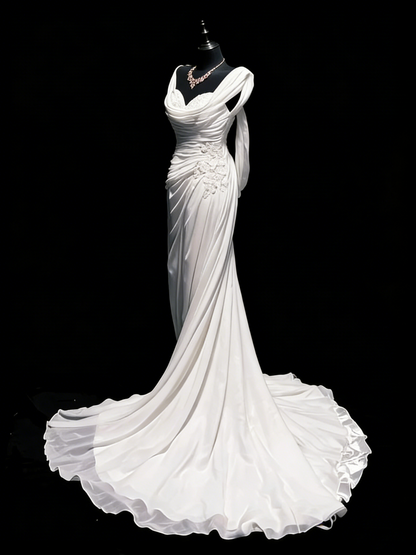Robe de mariée vintage sirène bustier cœur en mousseline blanche froncée et dentelle, longue robe de mariée cintrée N1207