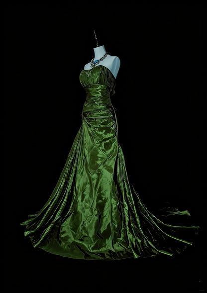 Robe de bal sirène vintage sans bretelles en satin vert olive, sans manches, années 80, longue robe de soirée formelle N1497