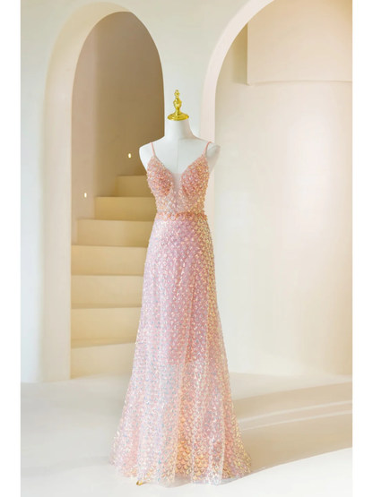 Robe de bal longue rose à sequins, bretelles spaghetti et coupe trapèze, idéale pour un 19e anniversaire (AB892)