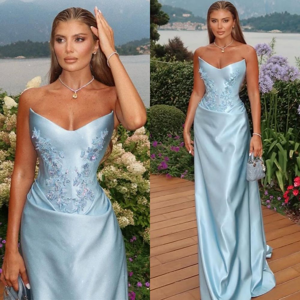 Meerjungfrauen-Abendkleid, trägerlos, blau, aus Satin mit Spitzenapplikationen, lang, für Damen, AB1470