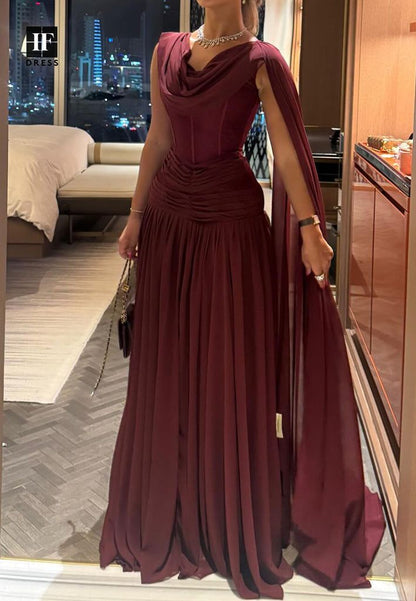 Scoop-Neck Off-Shoulder Sleeveless Pleated Chiffon Floor-Length A-Line Prom Dress N2354