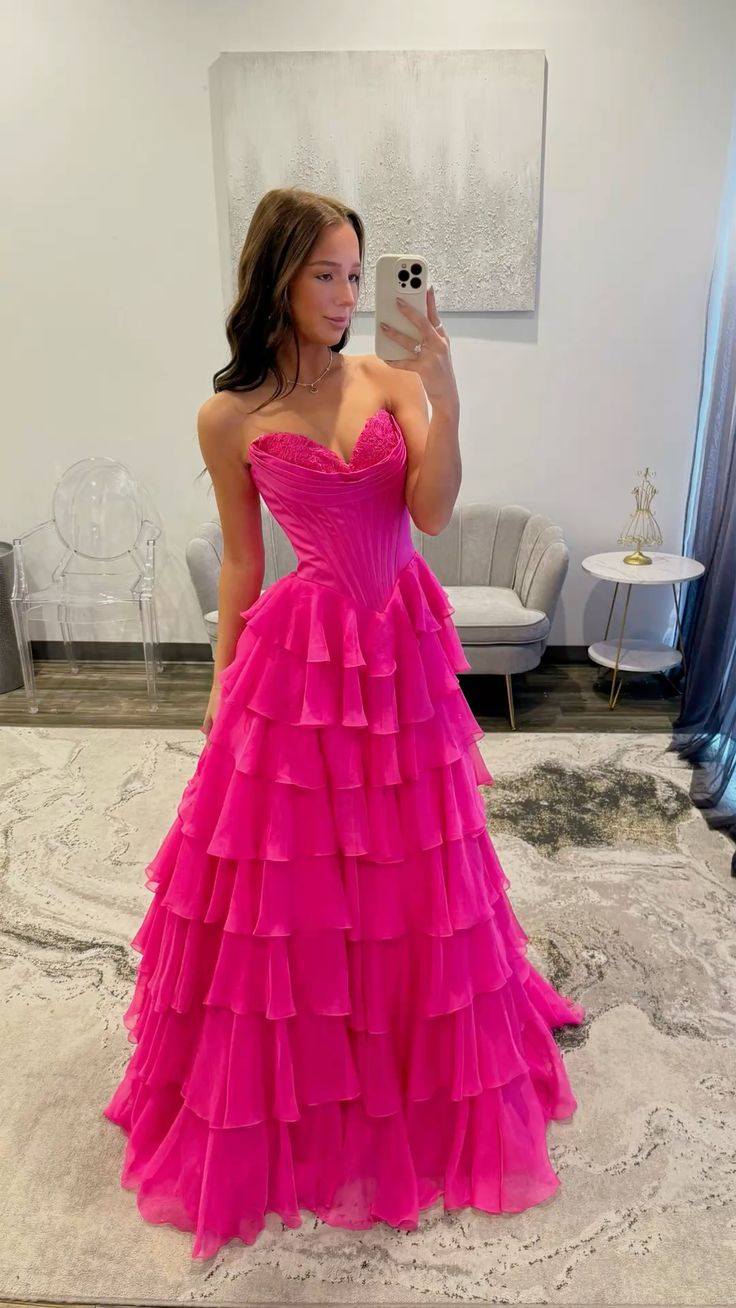 Einzigartiges Ballkleid mit Herzausschnitt, pinkfarbenem Chiffon-Lagenkleid, langes Abendkleid, langes Ballkleid AB597