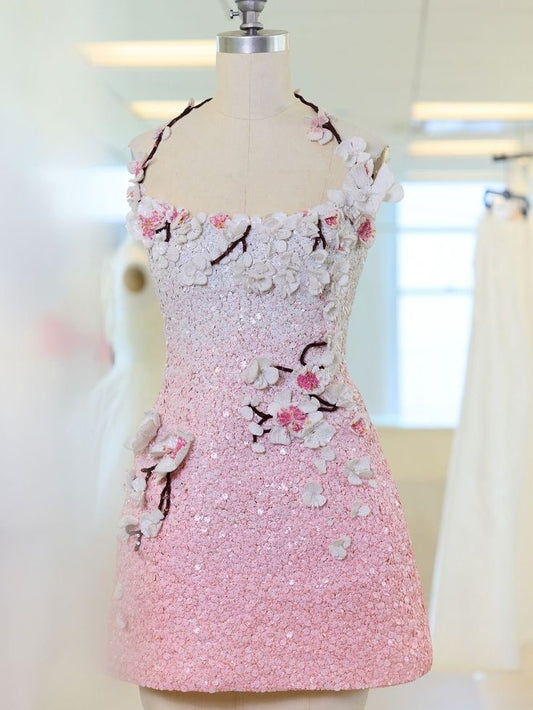 Elegantes A-Linien-Halterkleid in Pink mit 3D-Blumen und Pailletten, Partykleid, kurzes Minikleid, Kleider zum 15. Geburtstag, Hoco-Outfits RB3395