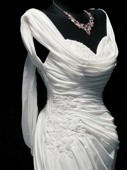 Robe de mariée vintage sirène bustier cœur en mousseline blanche froncée et dentelle, longue robe de mariée cintrée N1207