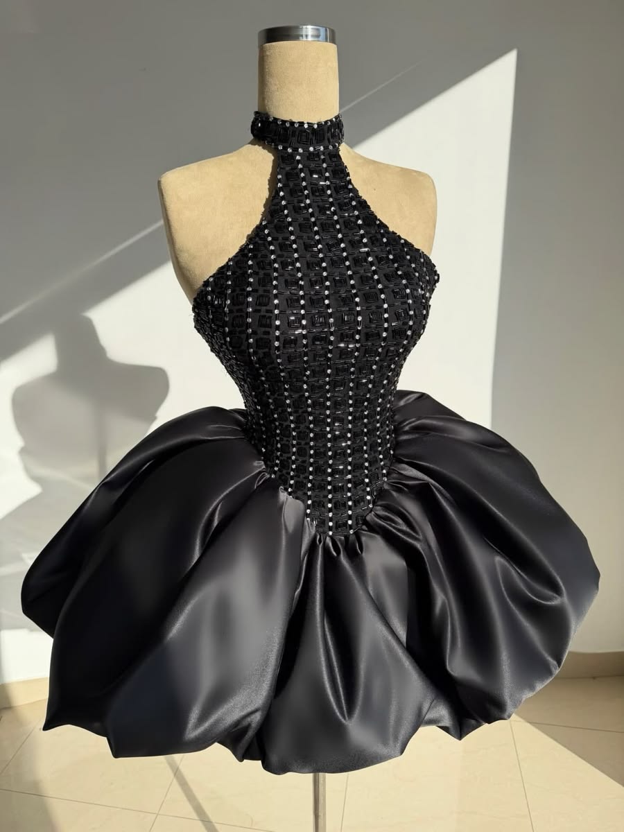 Pretty Ball Gown High Neck Black With Beading Homecoming Dress Inspo Short Graduation Dresses RB6844