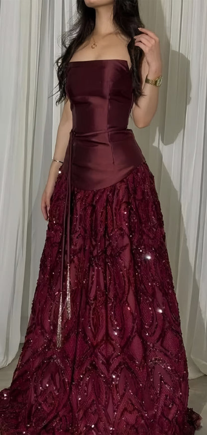 Elegantes, trägerloses, nachtblaues, langes Ballkleid aus Satin, nachtblaues Abendkleid N1863