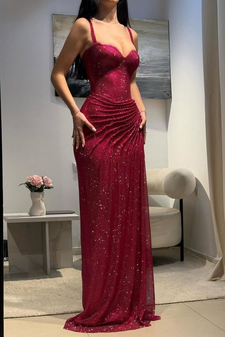 Hot Pink Glitter Bodycon Prom Dresses 2026 with Sweetheart Neck Spaghetti Straps Ruched Side Slit Vestidos Evening Gowns AB494