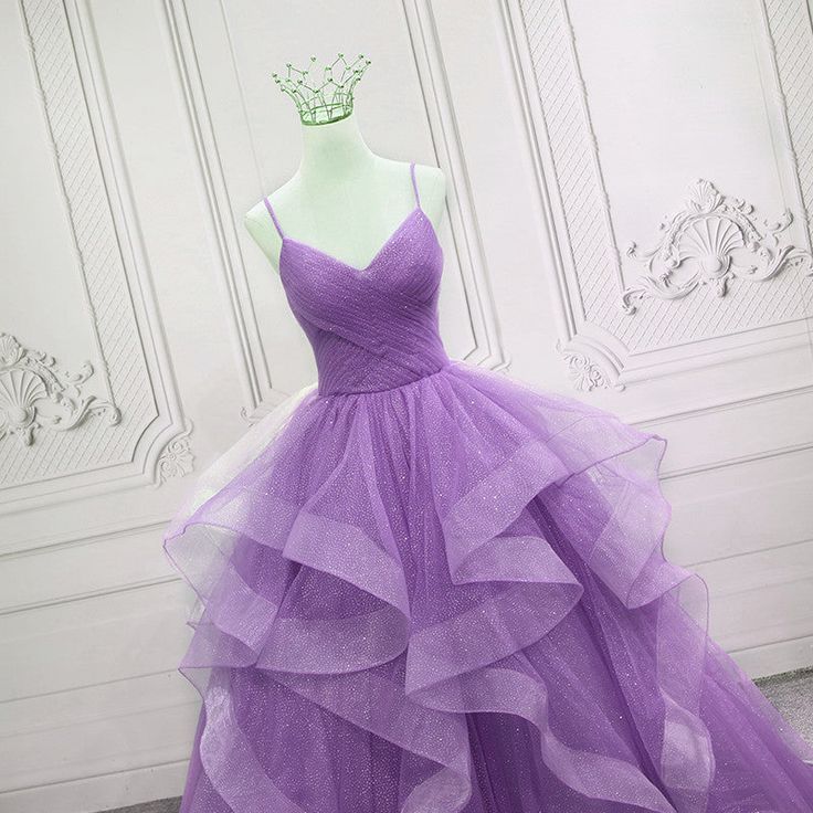Robe de bal violette à bretelles spaghetti en tulle et sequins, longue robe de soirée formelle pour adolescentes N038