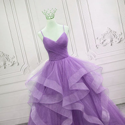Robe de bal violette à bretelles spaghetti en tulle et sequins, longue robe de soirée formelle pour adolescentes N038