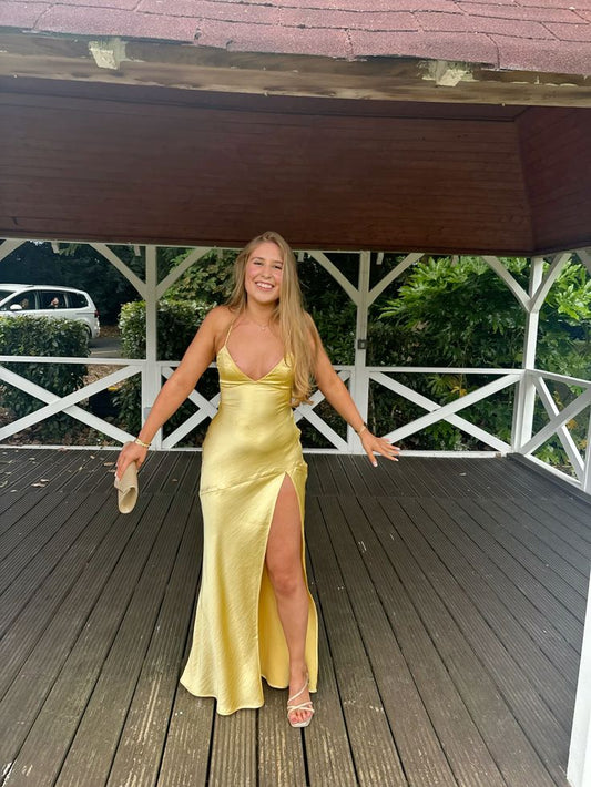 Einfaches gelbes Meerjungfrauen-Abendkleid für Damen, Satin-Schlitzkleid, Partykleid, Geburtstagsoutfit N1542