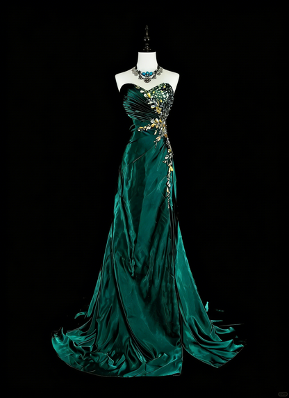 Robe de bal vintage sirène bustier cœur vert foncé satin sans manches années 90, inspiration années 90, robe de soirée longue et élégante N1498