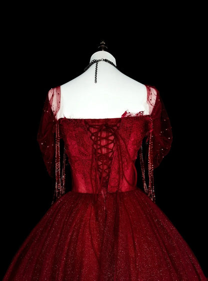 Ball Gown Sweetheart Burgundy Tulle With Beads Prom Dresses Evening Gown Formal Dress Vintage Party N1777