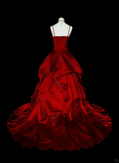 Ball Gown Spaghetti Straps Burgundy Satin Prom Dresses Evening Gown Formal Dress Vintage Party N1776