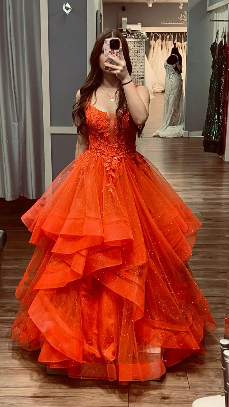 Cute Ball Gown V Neck Orange Lace Long Prom Dresses Formal Party Gown Inspo Evening Outfit AB801
