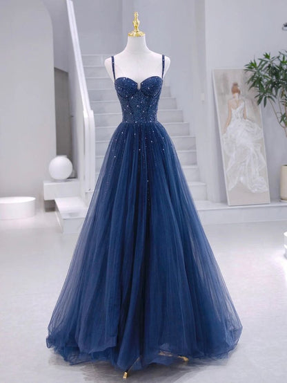Robe de bal longue en tulle bleu marine à fines bretelles et perles argentées, coupe trapèze, AC013