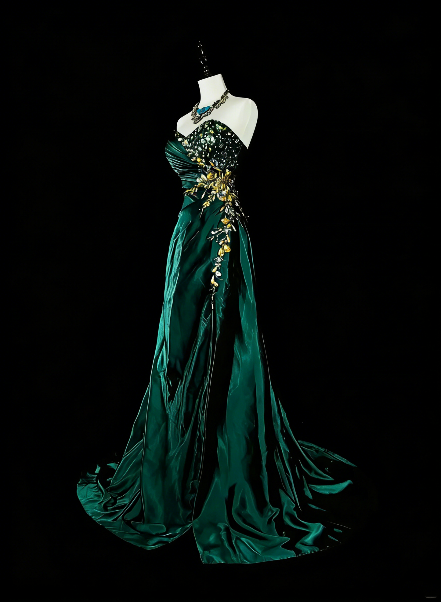 Robe de bal vintage sirène bustier cœur vert foncé satin sans manches années 90, inspiration années 90, robe de soirée longue et élégante N1498