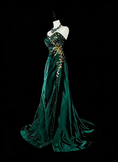 Robe de bal vintage sirène bustier cœur vert foncé satin sans manches années 90, inspiration années 90, robe de soirée longue et élégante N1498