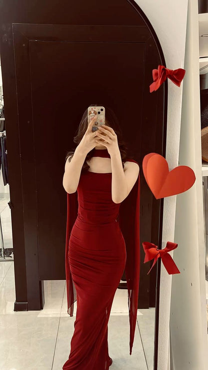 Customized Special Occasion Dress Mermaid Burgundy Strapless Prom Dresses With Scarf Party Dress Evening Dresses AB1055