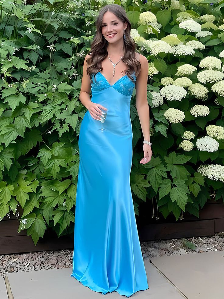Blue Mermaid V-neck Beaded Back Tie Long Prom Dress Party Dresses For Women AB1476