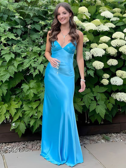 Blue Mermaid V-neck Beaded Back Tie Long Prom Dress Party Dresses For Women AB1476