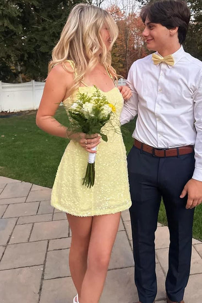 Yellow Satin Straps Glitter A-Line Sleeveless Short Homecoming Dress University Ideas Inspo Short Hoco Court Gowns RB7260
