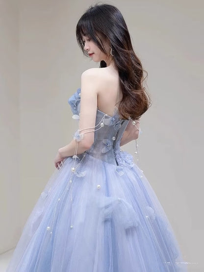 Bezauberndes langes Ballkleid aus blauem Tüll mit Herzausschnitt, formelles Partykleid, Abiballkleid AU112