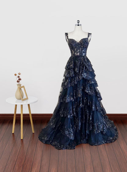 Funkelndes, ärmelloses Pailletten-Ballkleid mit Spaghettiträgern, marineblau, AB457