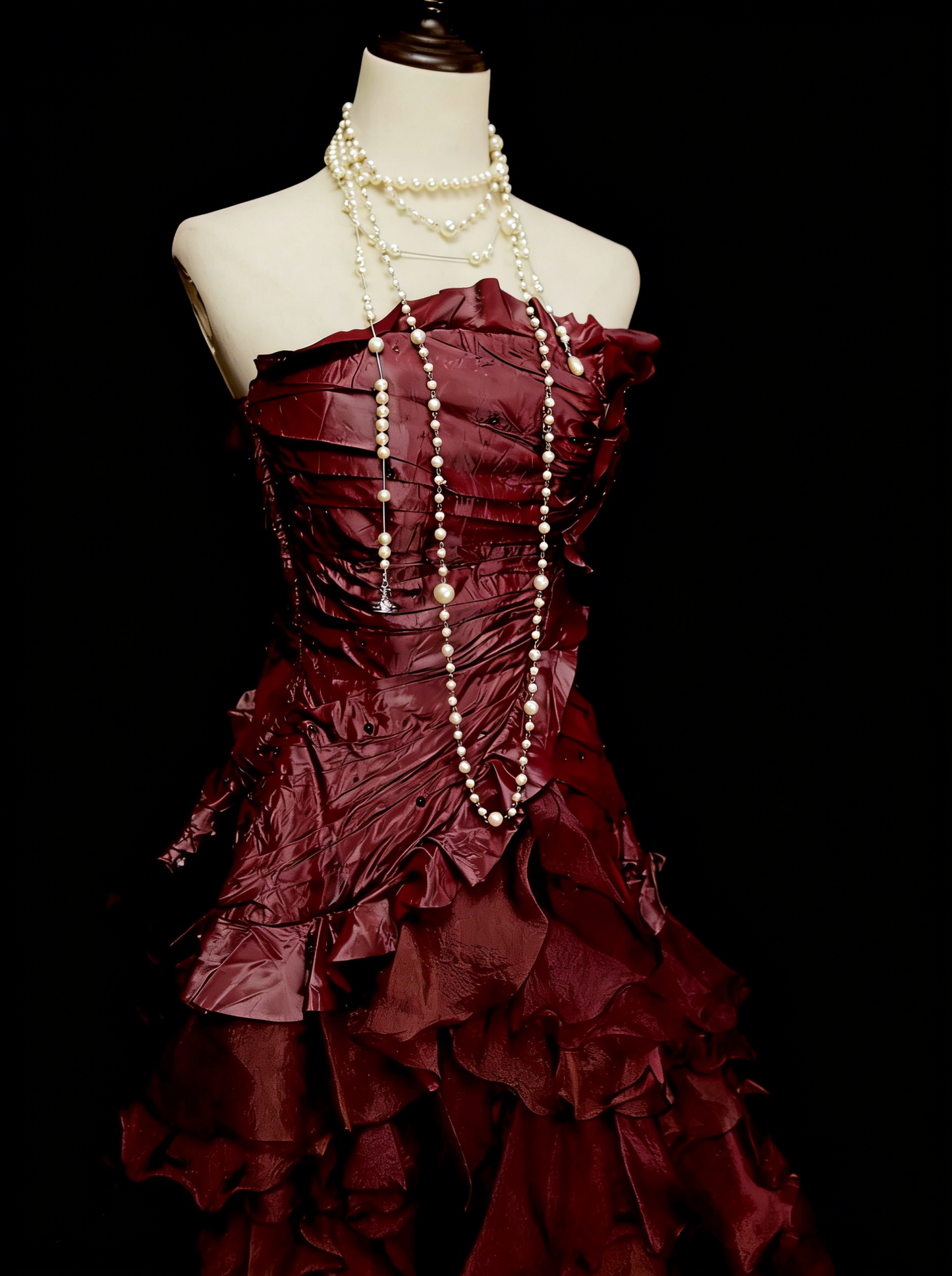 Jolie robe de soirée bustier bordeaux avec volants, longues robes de bal N2141