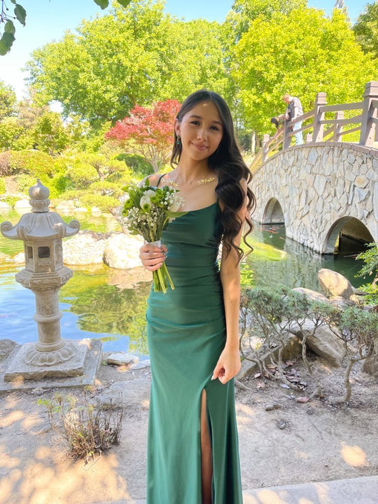 Modest Mermaid Spaghetti Strap Dark Emerald  Green With Slit Satin Long Prom Dresses Inspo Prom Gowns N295