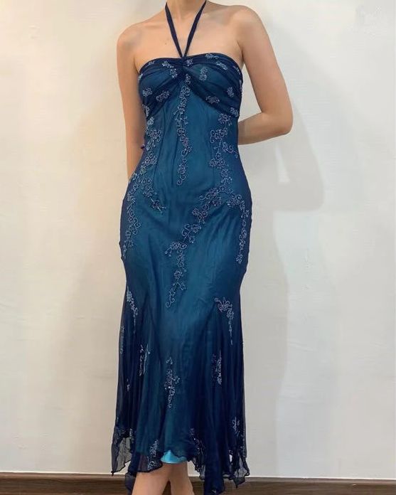 Vintage Meerjungfrauen-Abendkleid mit Neckholder, Chiffon, Perlenbesatz, dunkelgrün, langes formelles Kleid, Abschlusskleid N1617