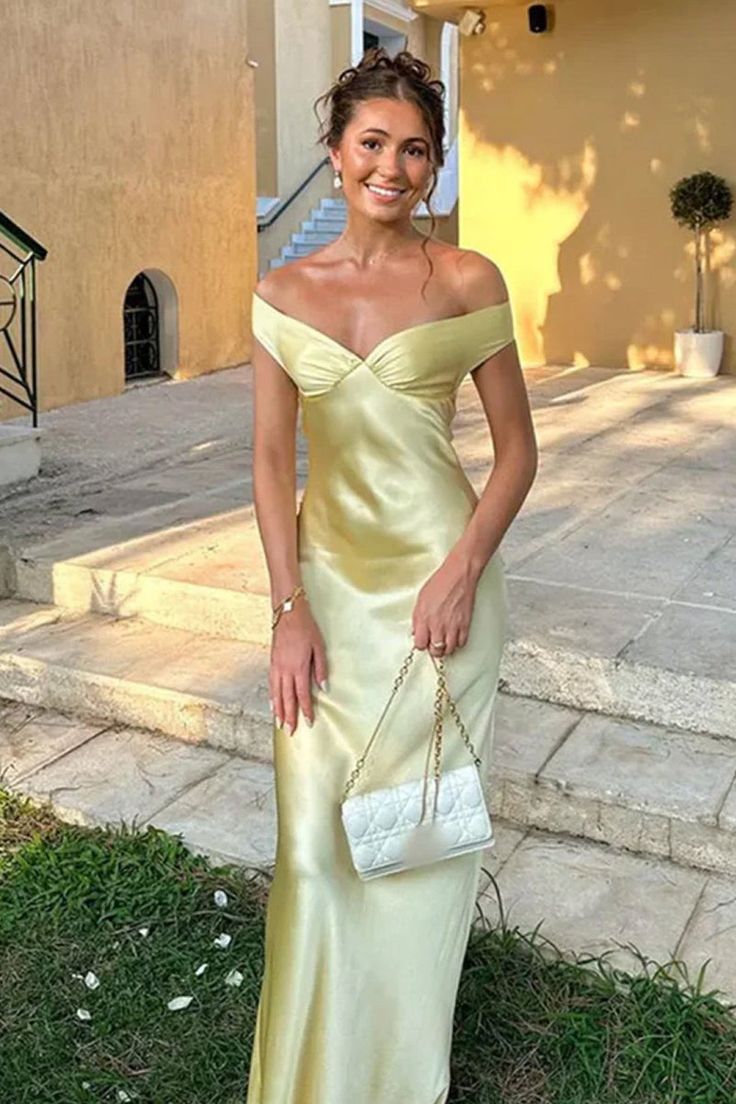 Schulterfreies, eitles, gelbes Satin-Abendkleid, langes Abendkleid, Abschlusskleid N1618