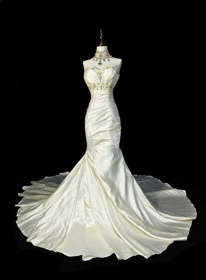 Robe de mariée sirène vintage années 70 avec perles, style conte de fées, référence N1580