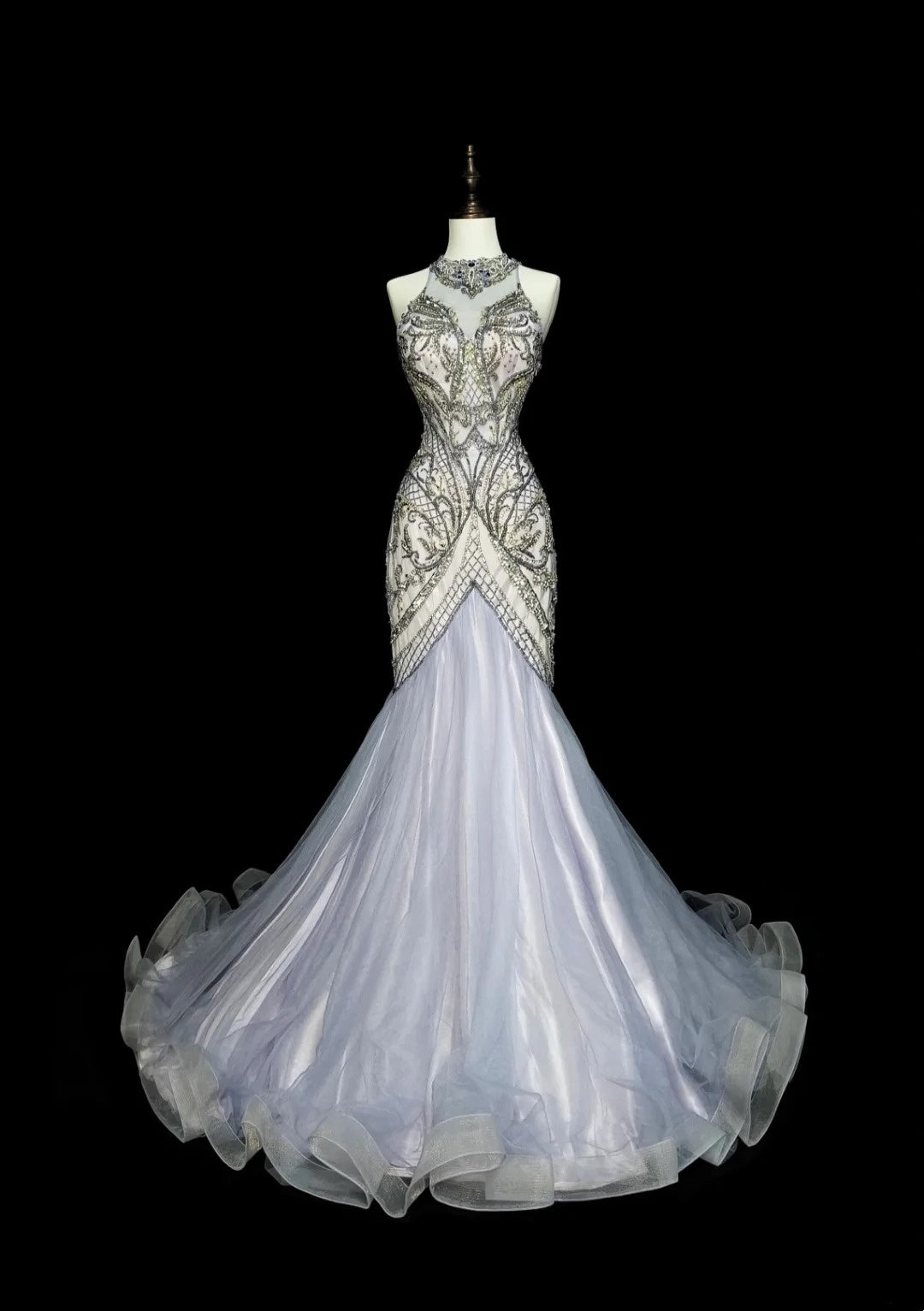 Robe de bal longue bleu ciel clair, col montant, sans manches, en tulle, style sirène, années 1960 (N1581)