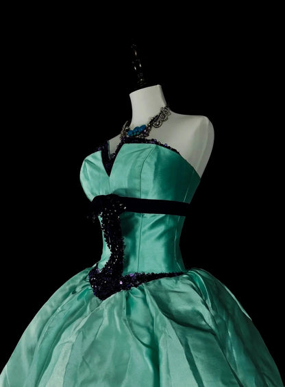 Robe de bal vintage années 1760, bustier vert cœur, plissée en satin, longue robe de bal N1598