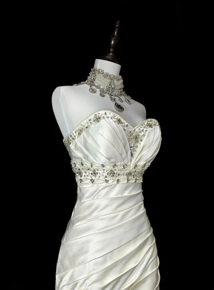 Robe de mariée sirène vintage années 70 avec perles, style conte de fées, référence N1580