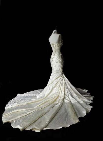 Robe de mariée sirène vintage années 70 avec perles, style conte de fées, référence N1580