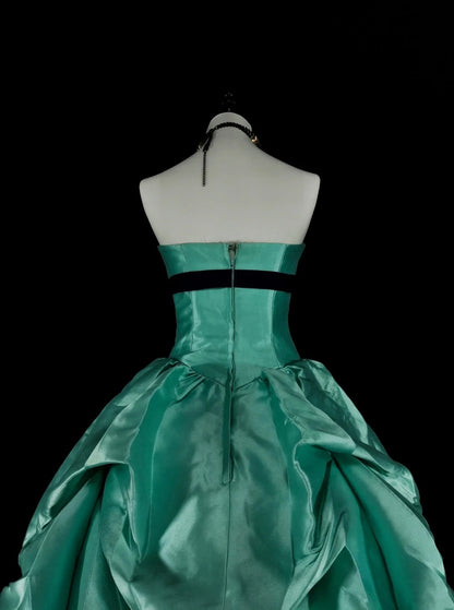 Robe de bal vintage années 1760, bustier vert cœur, plissée en satin, longue robe de bal N1598