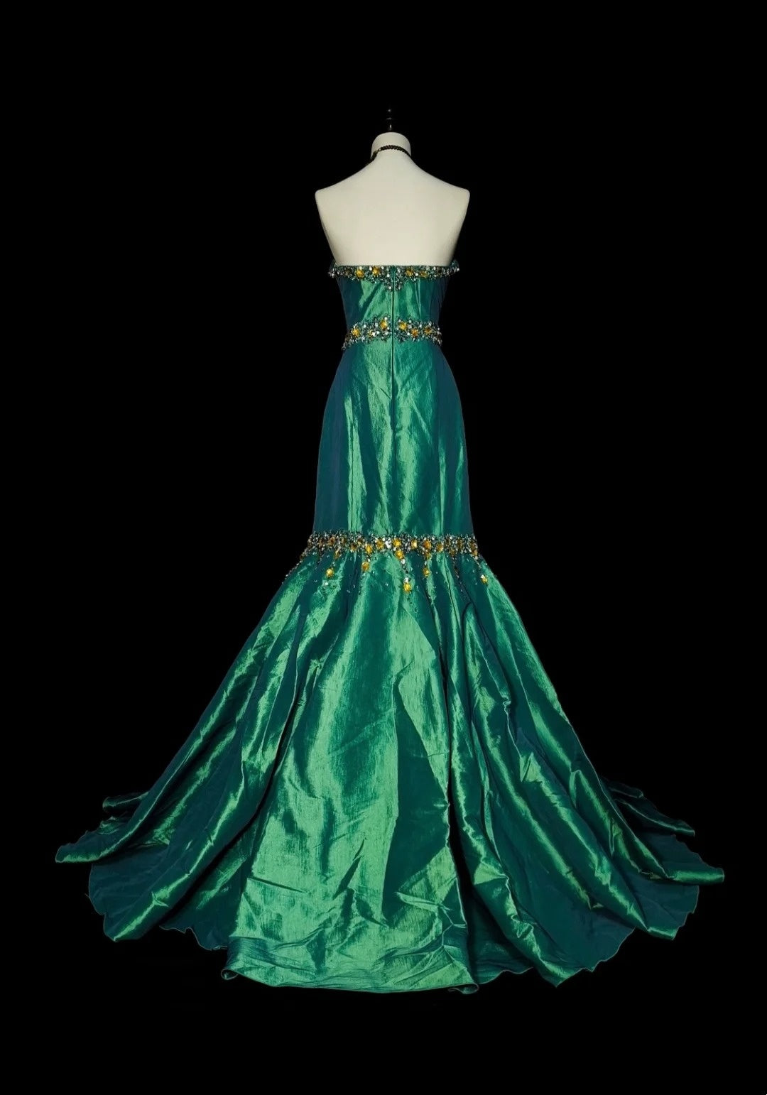 Vintage Meerjungfrauen-Abendkleid aus den 1960er Jahren, dunkelgrün, Satin, ärmellos, lang, formelles Kleid mit Herzausschnitt, N1596